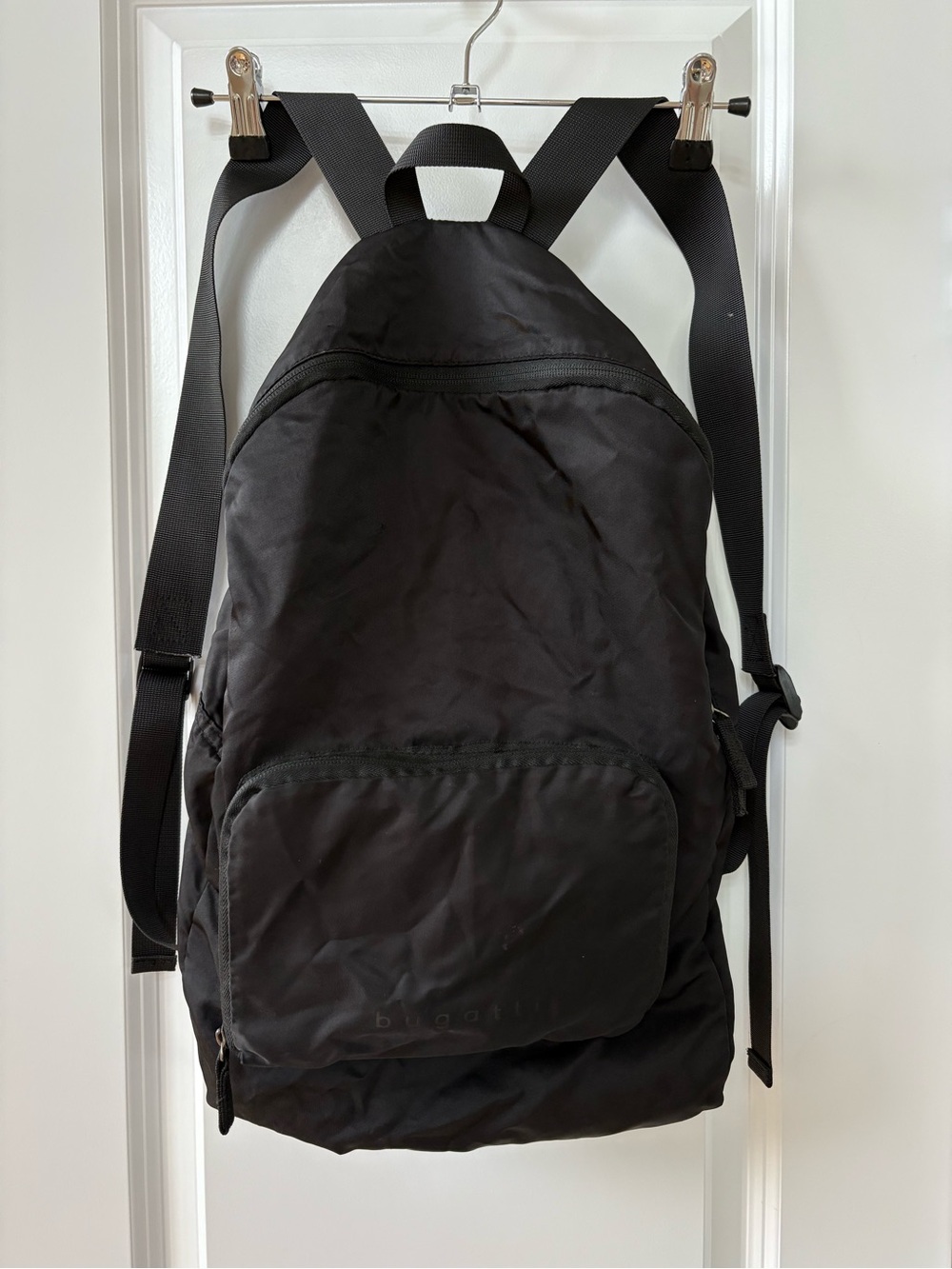 Bugatti Packable Black Nylon Backpack with Luggage Strap Travel Ready